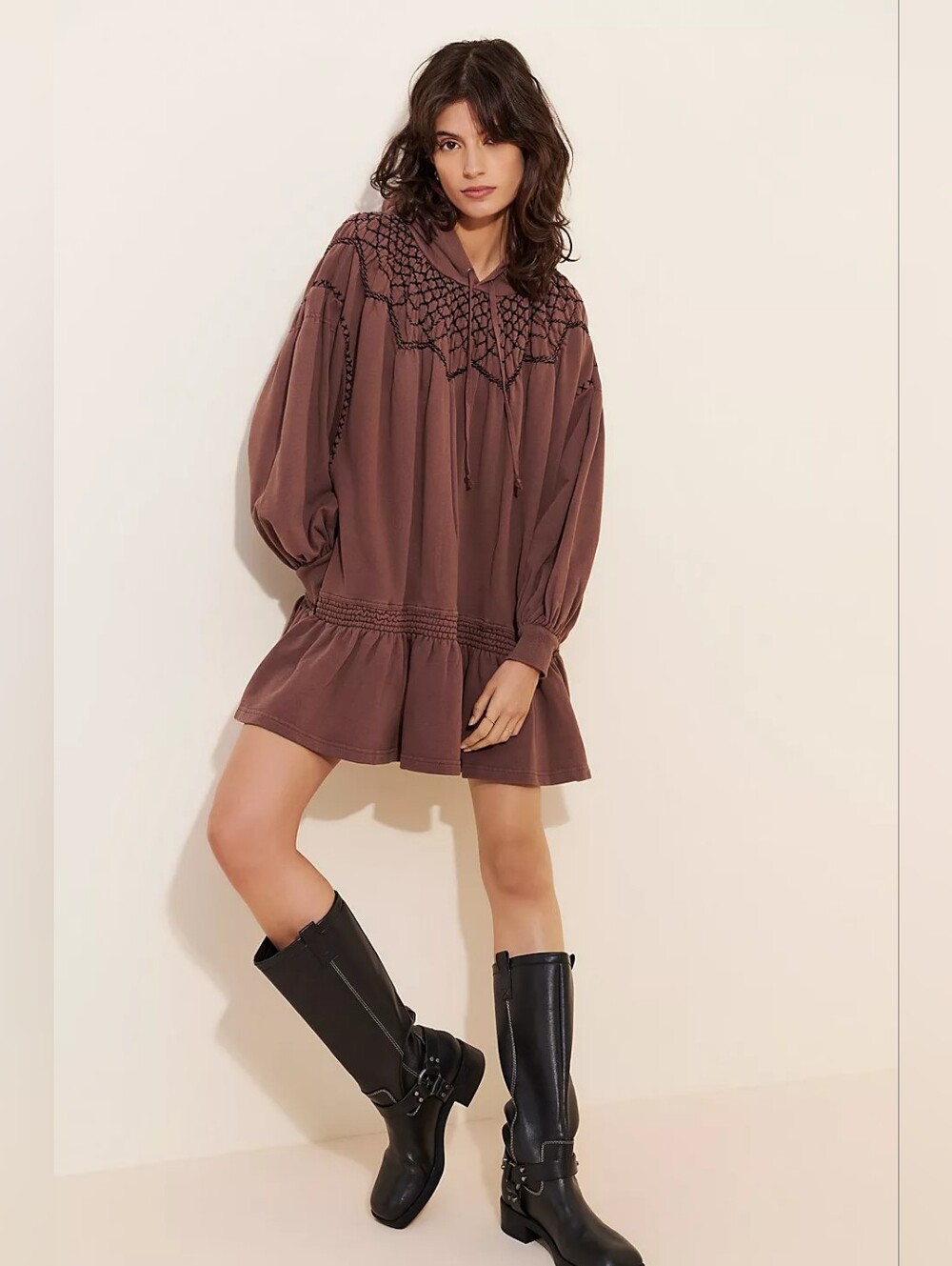 Free People Marty Smocked Hooded Mini Dress Brown Black Embroidered Boho